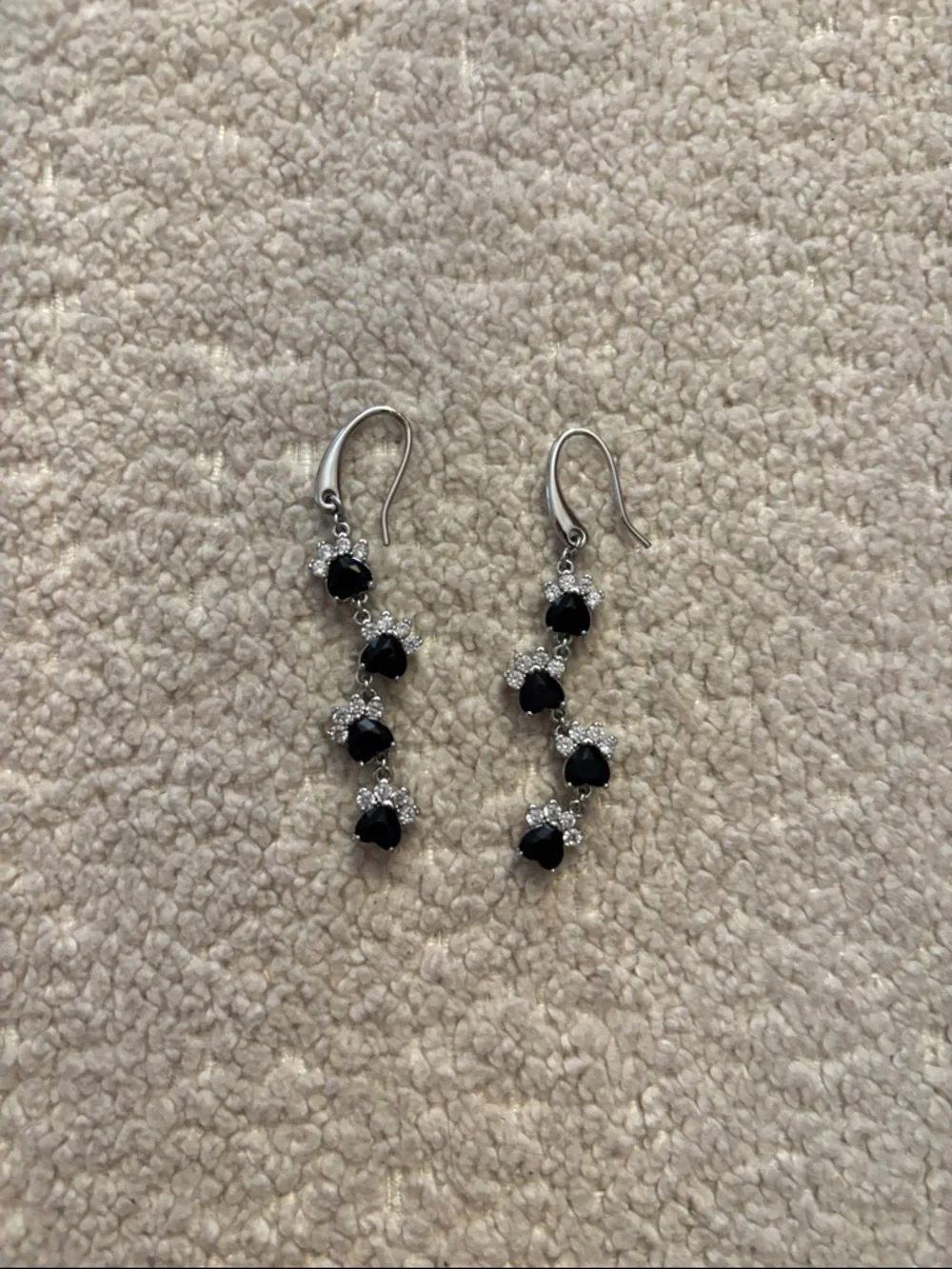 Elegant Black & Silver Drop Earrings - Sparkling 101 Dalmatians Paw Print Design - Picture 1 of 1